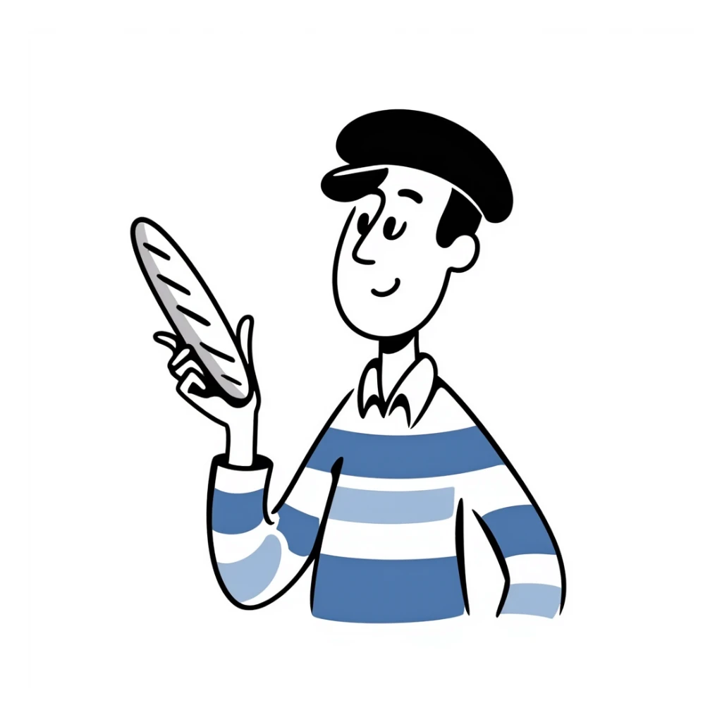 French man with blue and white striped shirt, black beret, holding a baguette sticker