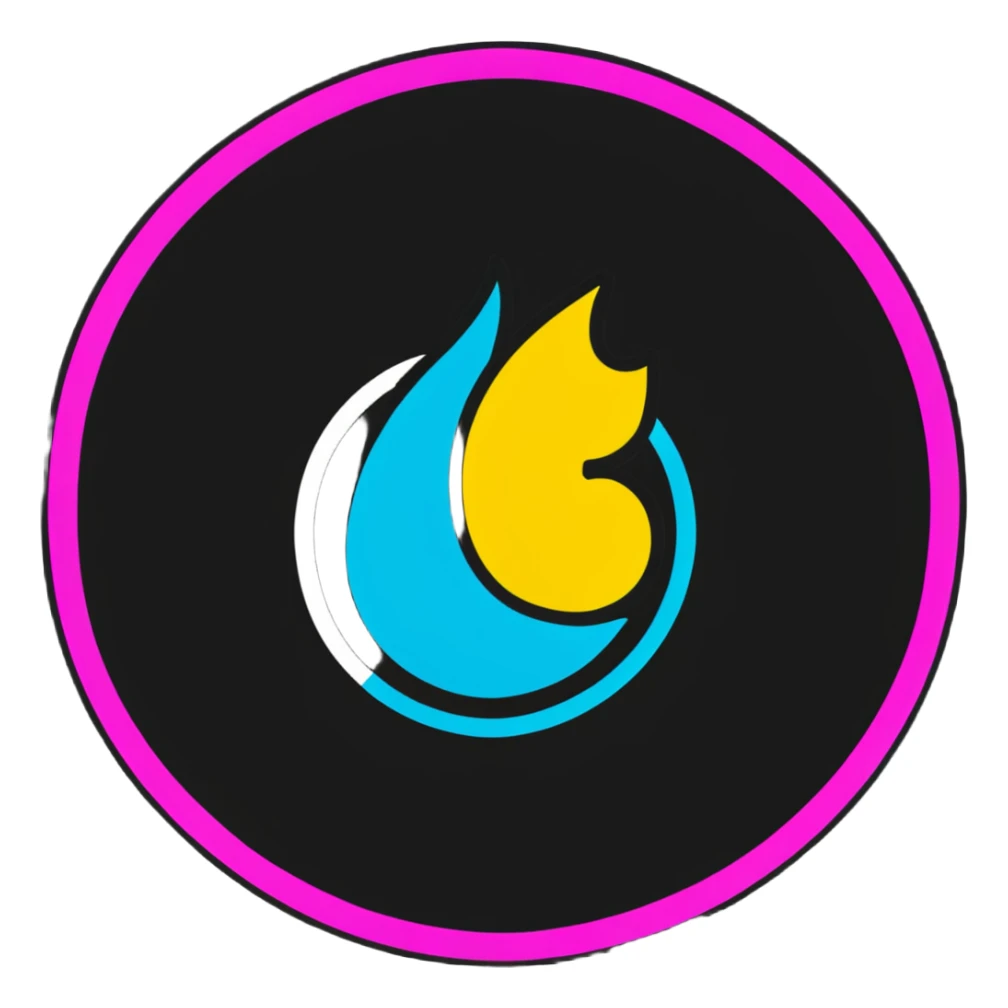 Minimalist sticker with white 'tt' letters on a black circle with cyan, magenta, and yellow dots below, fire emoji with street style influence sticker