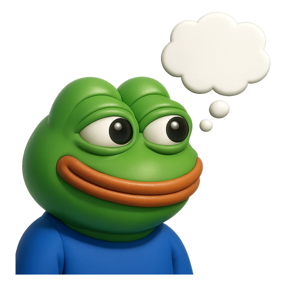 make a pepe in bright green smiling with thought bubble looking at right side in 3d style, good highlights and shadows, drop shadows sticker