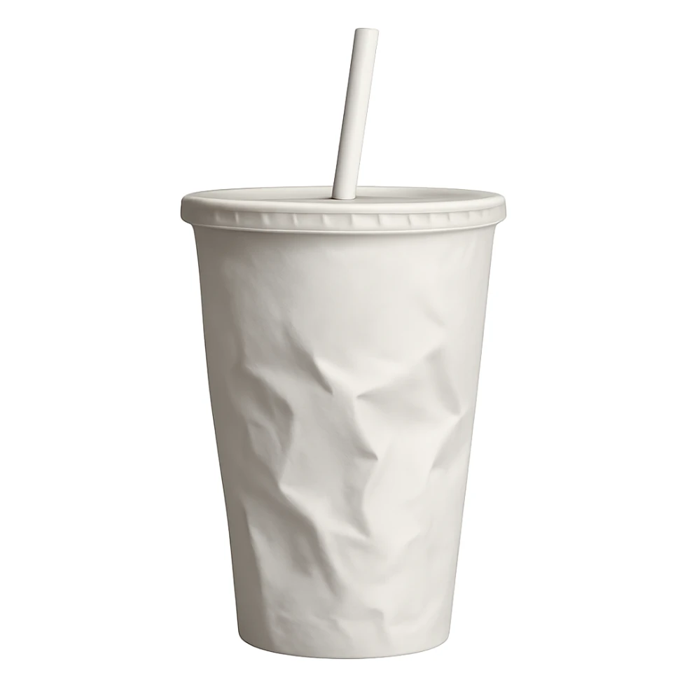 plain white soda cup, slightly crumpled, fast food restaurant sticker