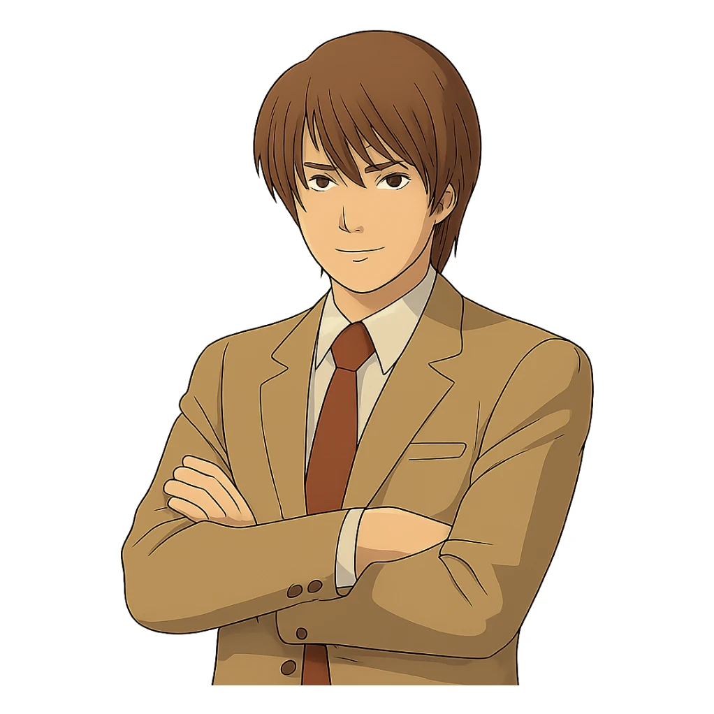 Create an exact Light Yagami in Ghibli style, standing with his arms crossed, wearing the same suit, with the same confident expression. Match the face, hair, and suit details exactly to the reference image. Transparent background. sticker