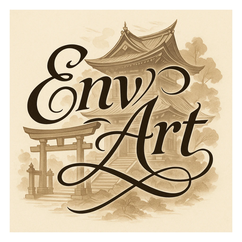 The words 'Env Art' in a calligraphic style, with a stylized Shinto shrine in the background, elegant and artistic, balanced layout. sticker