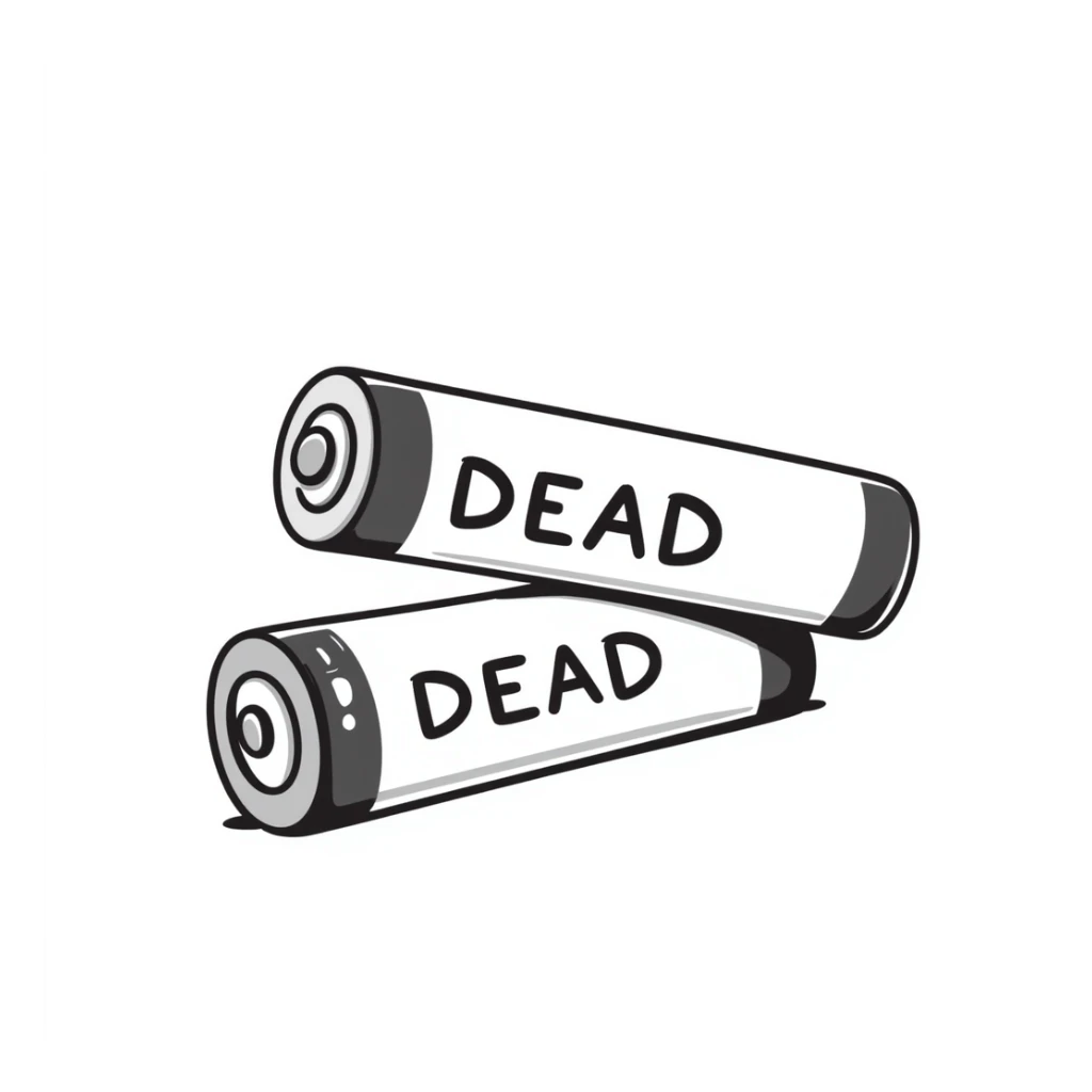 Two dead batteries stacked on top of each other, depleted, empty power sticker