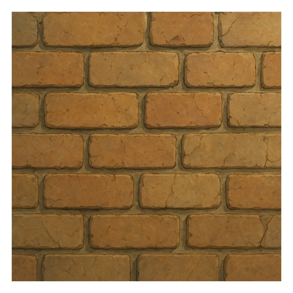 close-up of a brick wall in ghibli style, bricks with subtle color variation, soft lighting, visible mortar, rough texture, slight weathering, cracks sticker