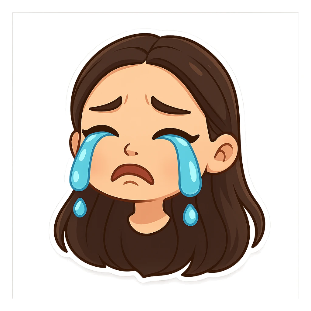 Create a chibi sticker of the girl from the reference image with long hair as shown. She is crying, in 3D bitmoji chibi style with a white outline and transparent background. sticker