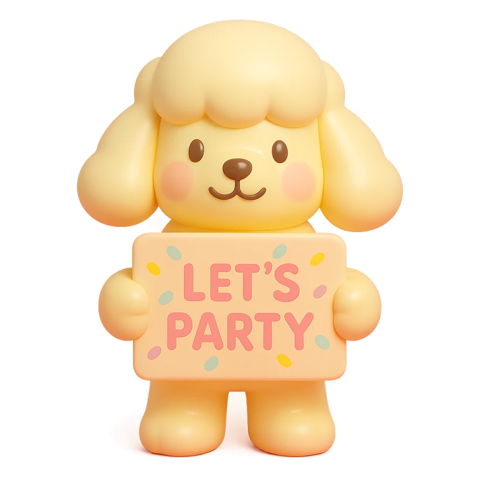 smiling poodle holding a confetti sign board with the text "Let's Party", cheeks blushing, vinyl figure style sticker
