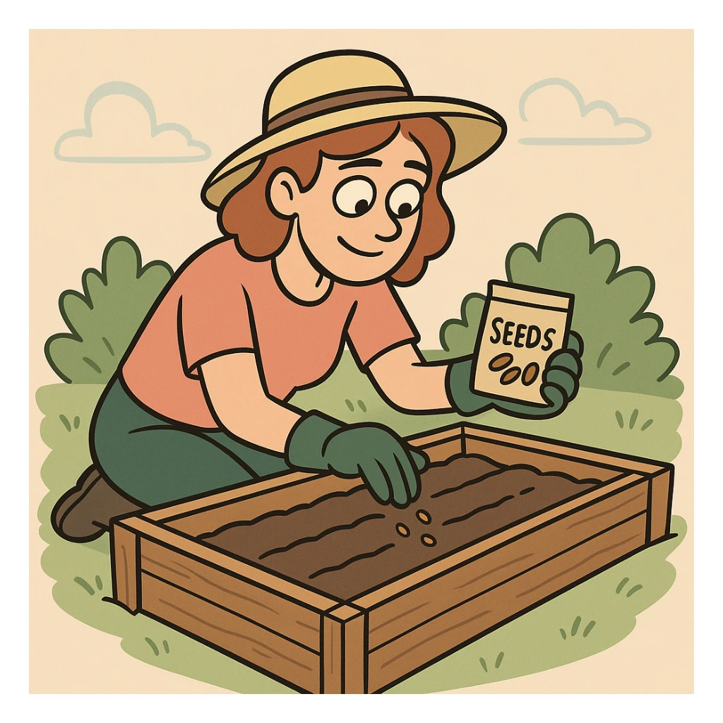 a woman planting seeds in a raised bed vegetable garden, flat toon style sticker