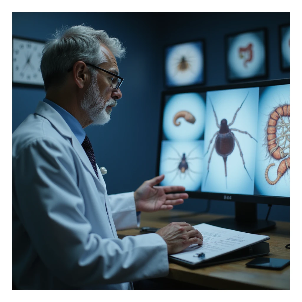realistic doctor comparing images of different intestinal parasites found in feces, screen with enlarged images sticker