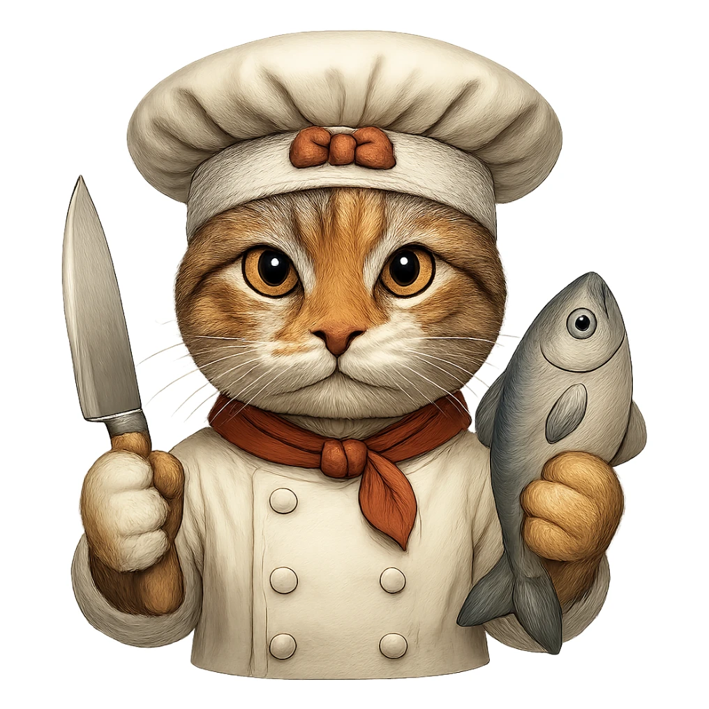 Make the cat chef normal cat colors, but keep the earring gold. The cat is holding a knife and a fish, wearing a bandana, with no background. Maintain the original style and details as much as possible. sticker