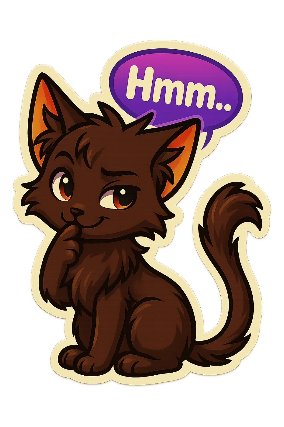 a dark-brown fluffy cute kawaii anime cat with tufted ears and a long thin tufted tail, thinking, smirking thoughtfully, saying “Hmm..” with a purple speech bubble, (cartoon style) (furry style) (deviantArt style) (artist style: Kamirah) sticker