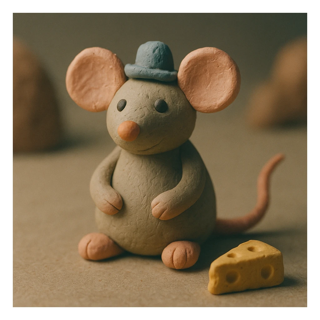 A mouse in claymation style with a matte, plasticine texture, visible fingerprints, and pastel colors, wearing a tiny hat. sticker