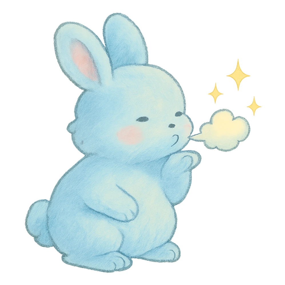 pastel blue bunny with cloud, blowing a kiss with sparkles, soft Ghibli style sticker