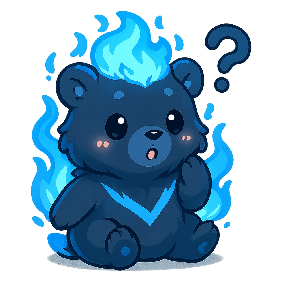 Transform this character into a super cute chibi version with a question mark above the head, keeping the blue flame details and overall color scheme. Make it adorable and expressive in chibi stickers style. sticker