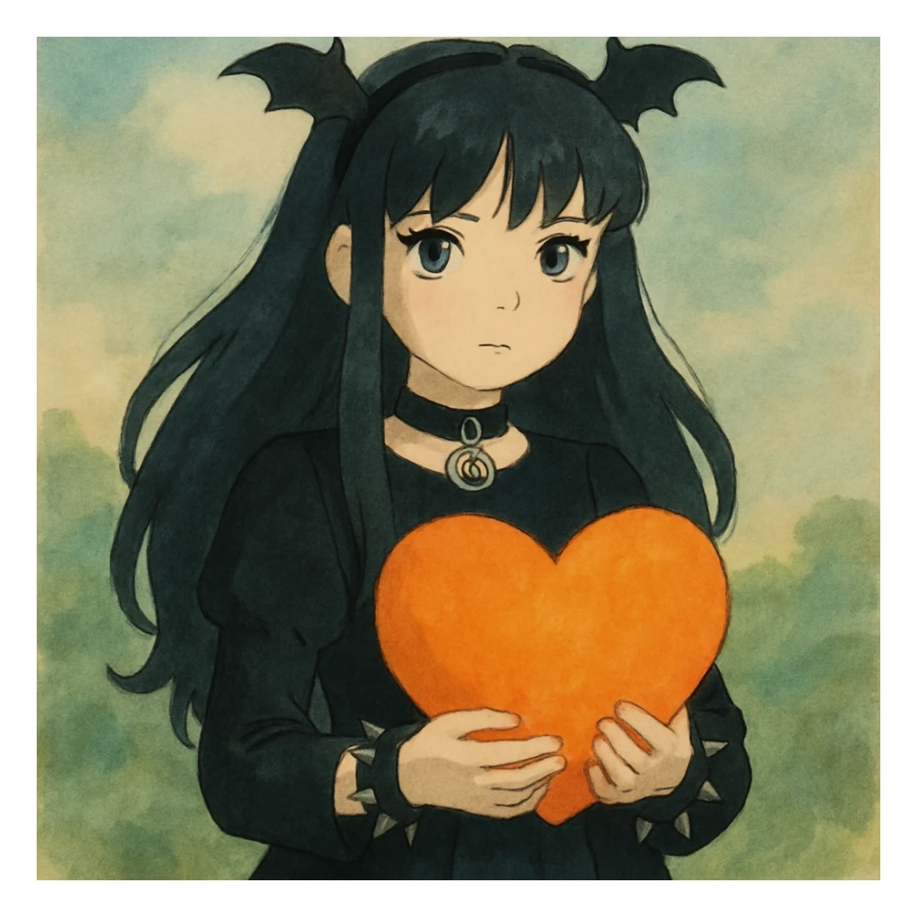 Make the heart orange, keep the soft and painterly ghibli style with goth accessories. sticker
