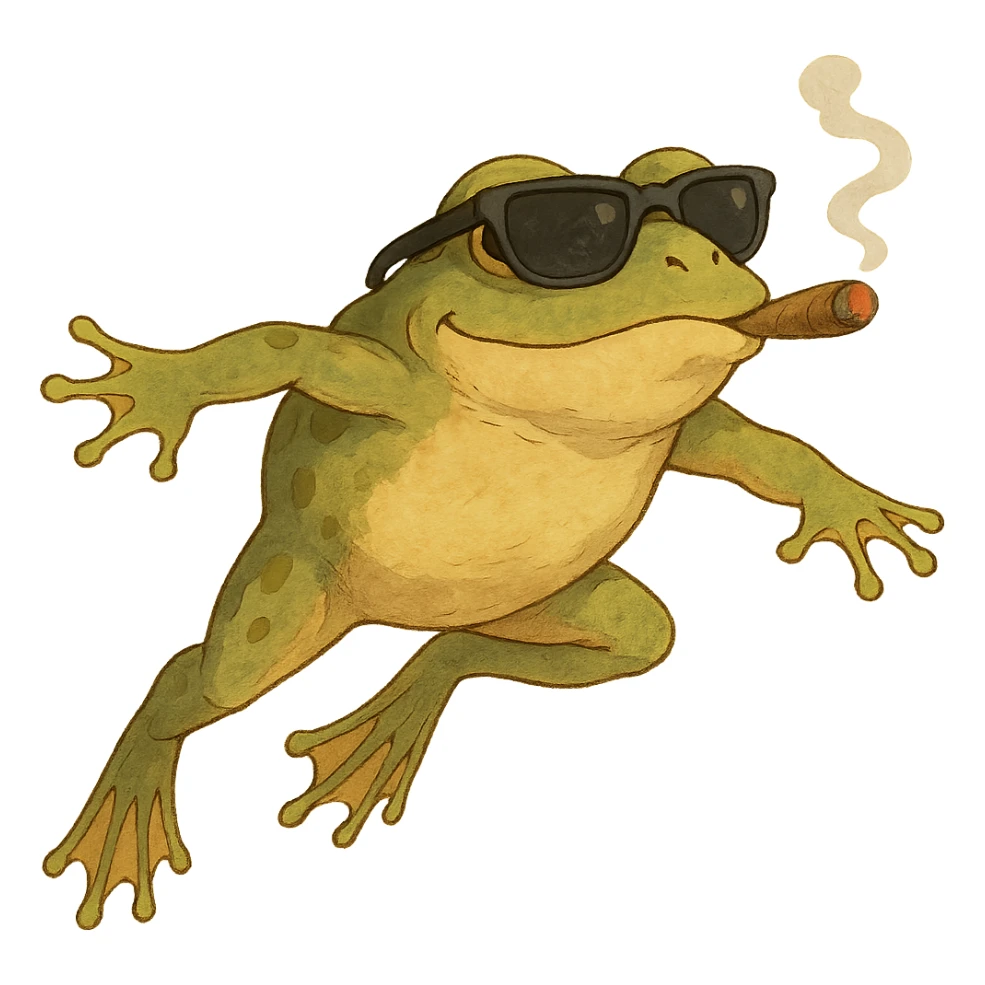 detailed frog leaping, wearing ray bans, looking very satisfied, smoking a cigar, in ghibli style sticker