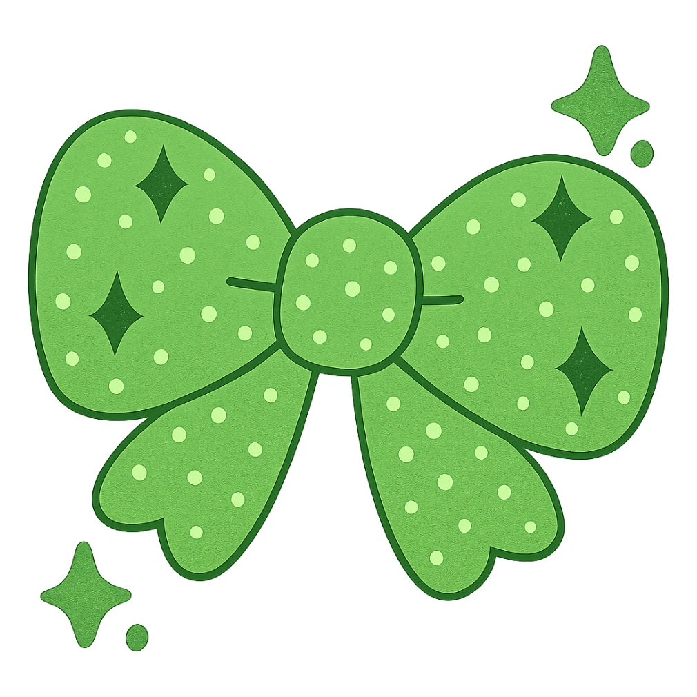 Make the glittery bow green, keep it sparkling and decorative with no background. The style should maintain the glittery and sparkling texture with a decorative look. sticker