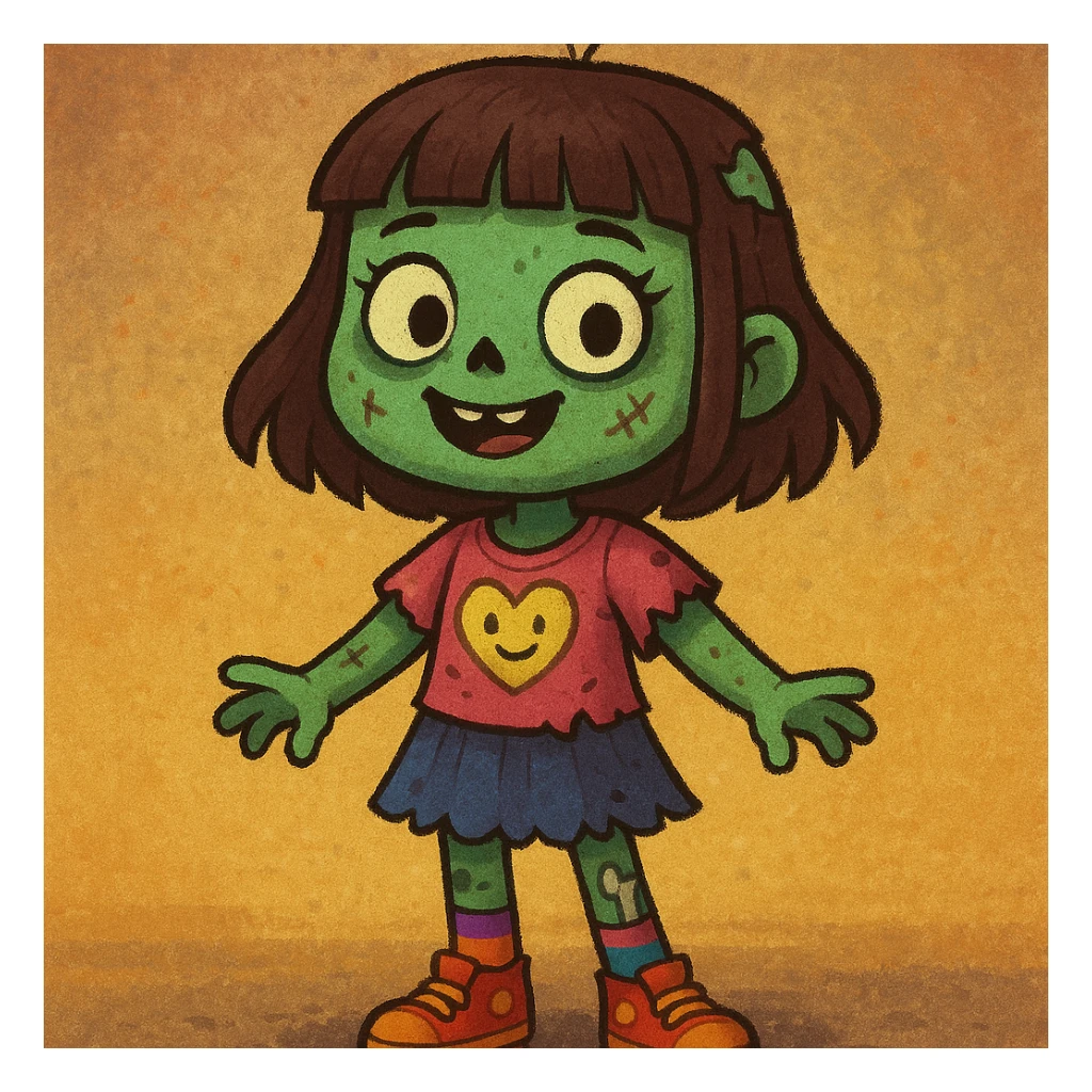 garota zumbi com franja, rosto simpático, visual divertido, estilo variado sticker