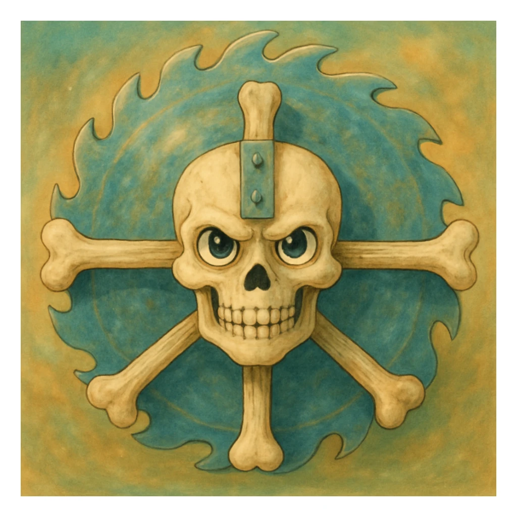 Render the subject in a painterly, whimsical, and detailed Ghibli style with soft shading and a magical atmosphere. Preserve the skull, crossed bones, and saw blade elements, giving them a fantastical, storybook quality. Ensure the subject is fully inside the image borders. sticker