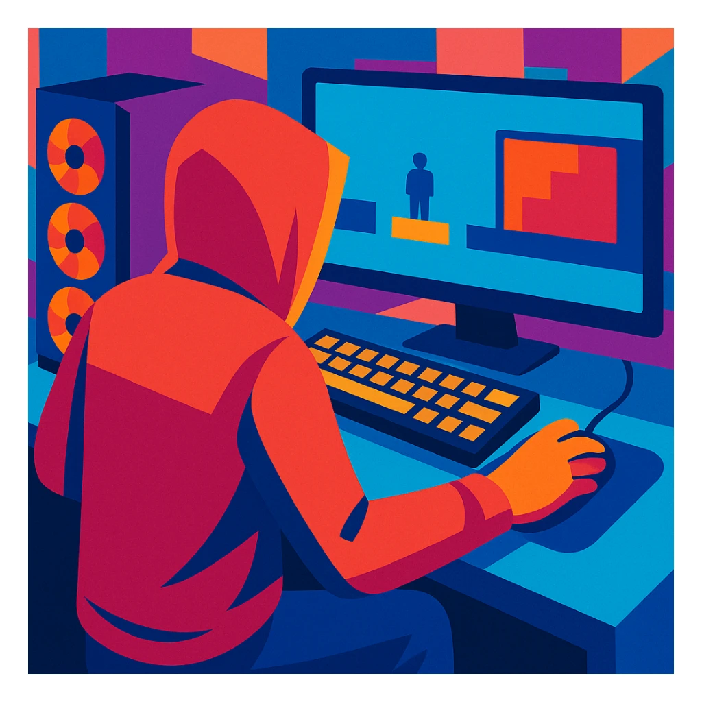 hooded man at a gaming setup, seen from the back, hands on keyboard and mouse, vibrant colors sticker