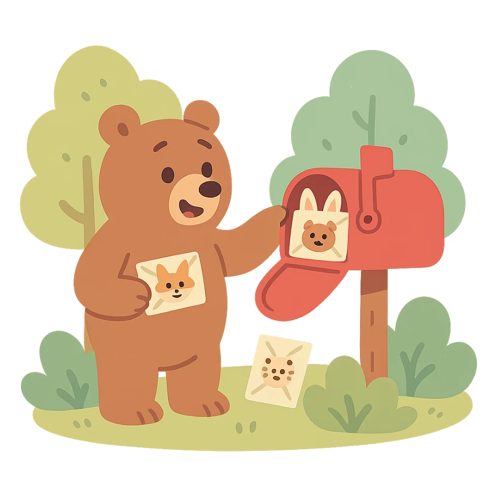 forest mailbox with tiny animal letters, cozy woodland theme, pastel colors, pastel-toon style sticker