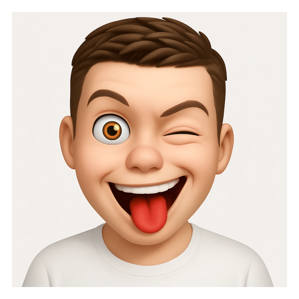 Based on these photos, make an emoji with facial features preserved, man in white t-shirt, crazy sticker