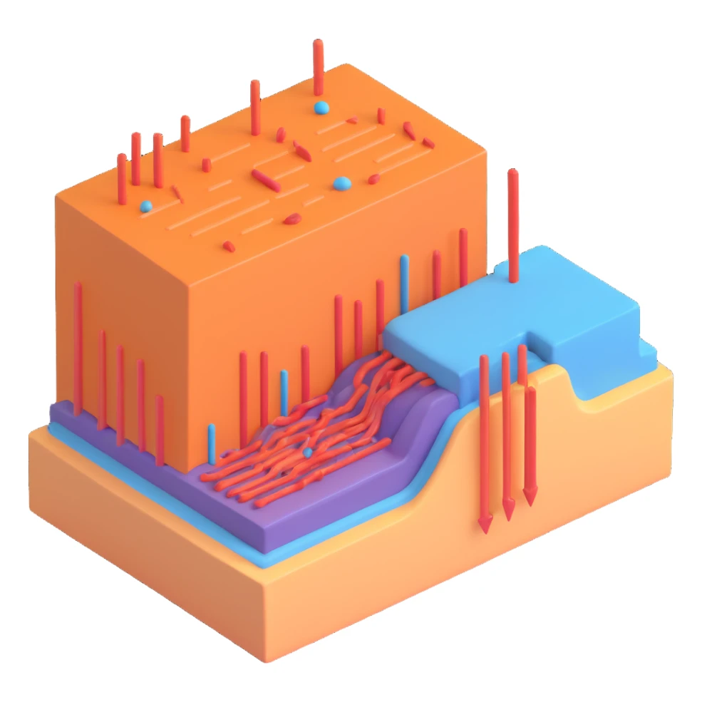 simplified 3D diagram of a cell membrane with double phospholipid layer, a single channel protein, arrows or particles showing transport through the channel, easy to understand, educational style sticker