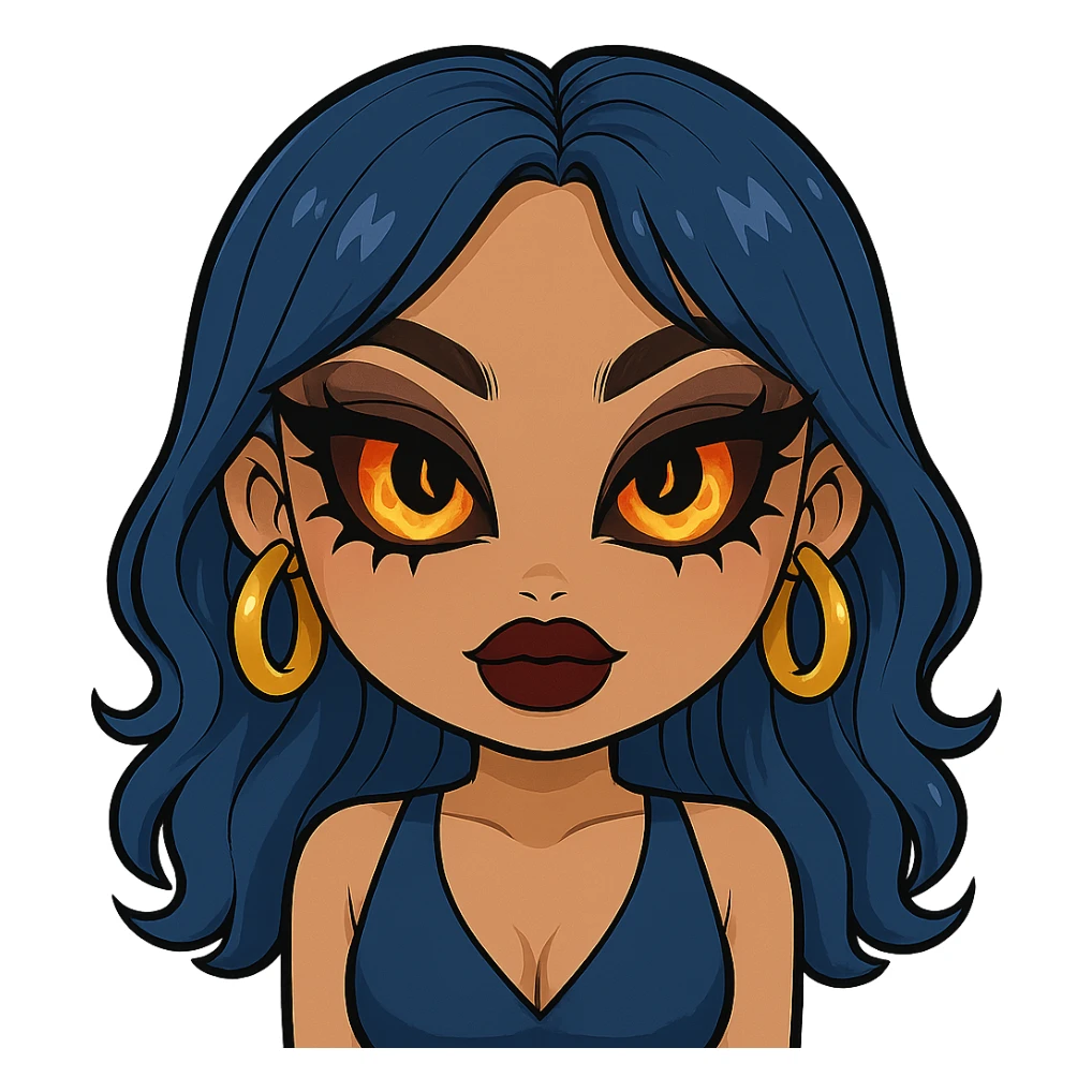 Make her eyes much scarier while keeping a nice and cute look, gyaru style, blue hair, pretty makeup, bratz baddie vibe, emoji style, with no background. sticker
