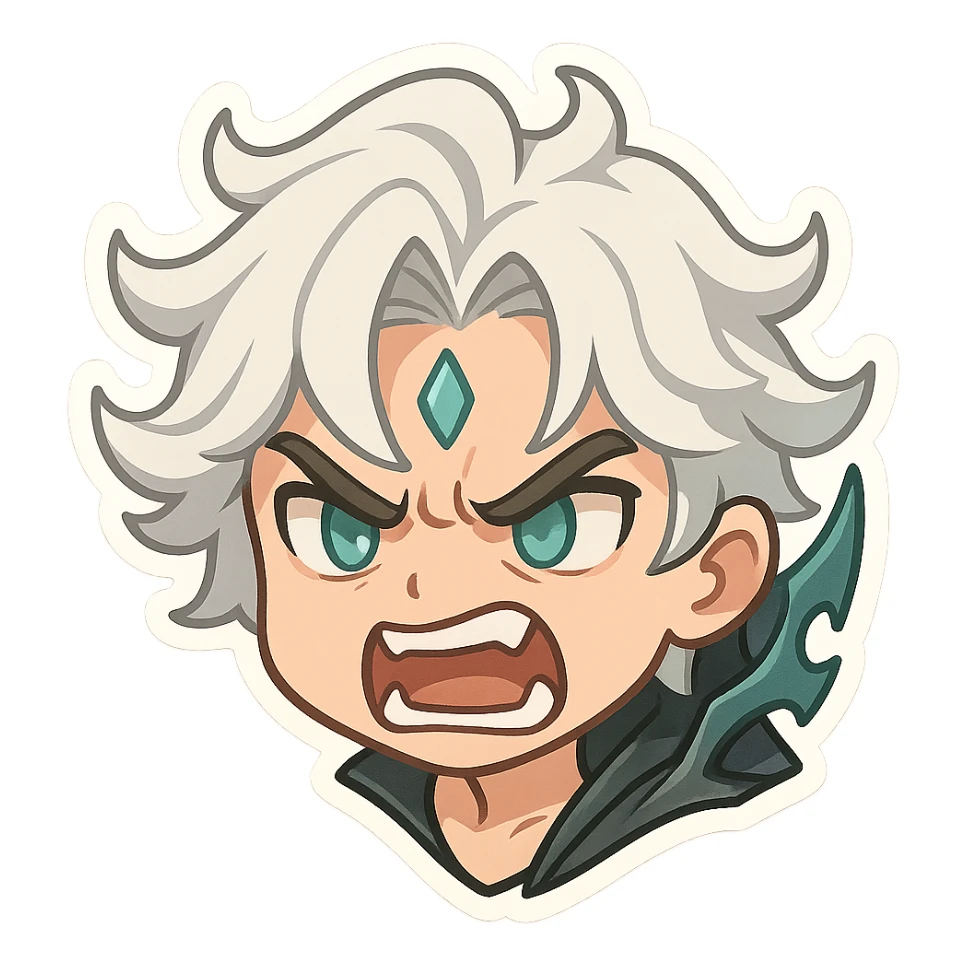 Viego from League of Legends, chibi style emote, only head, angry expression, teeth showing sticker