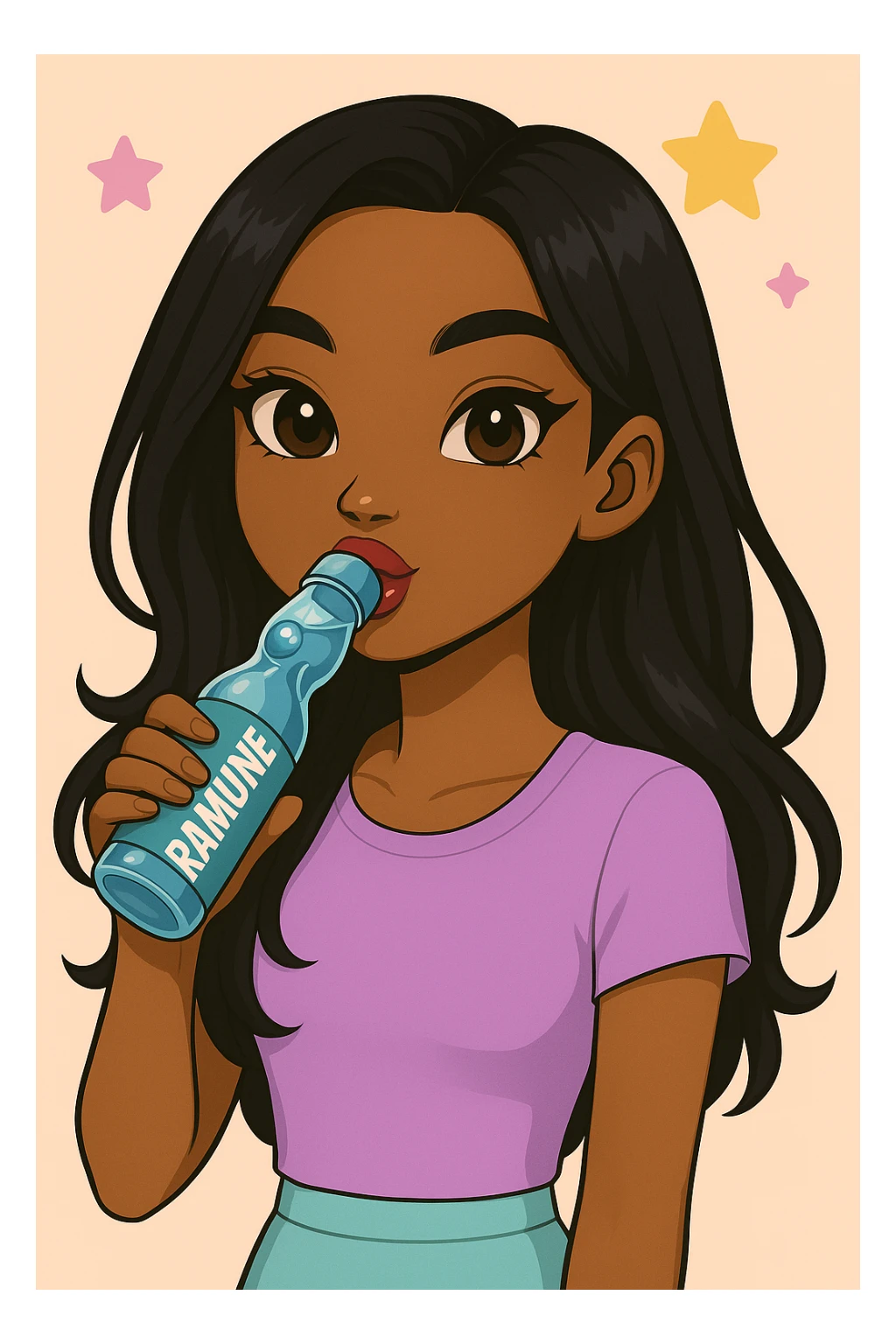 Change her pose to drinking blue Ramune soda from the classic glass bottle, headshot only, 20-year-old anime Bratz style woman with dark skin, straight hair, trendy outfit, big expressive eyes, glossy lips, no hat, no tears, happy expression, both eyes open, looking straight ahead. sticker