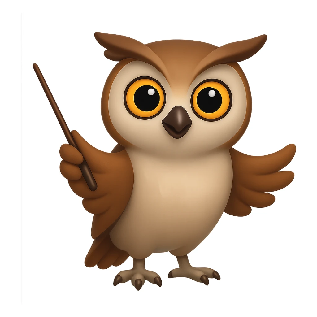 В стилистике эмоджи сгенерируй сову, которая уверенно смотрит на зрителя и держит в руках дирижерскую палочку и взмахивает ей, прозрачный фон sticker