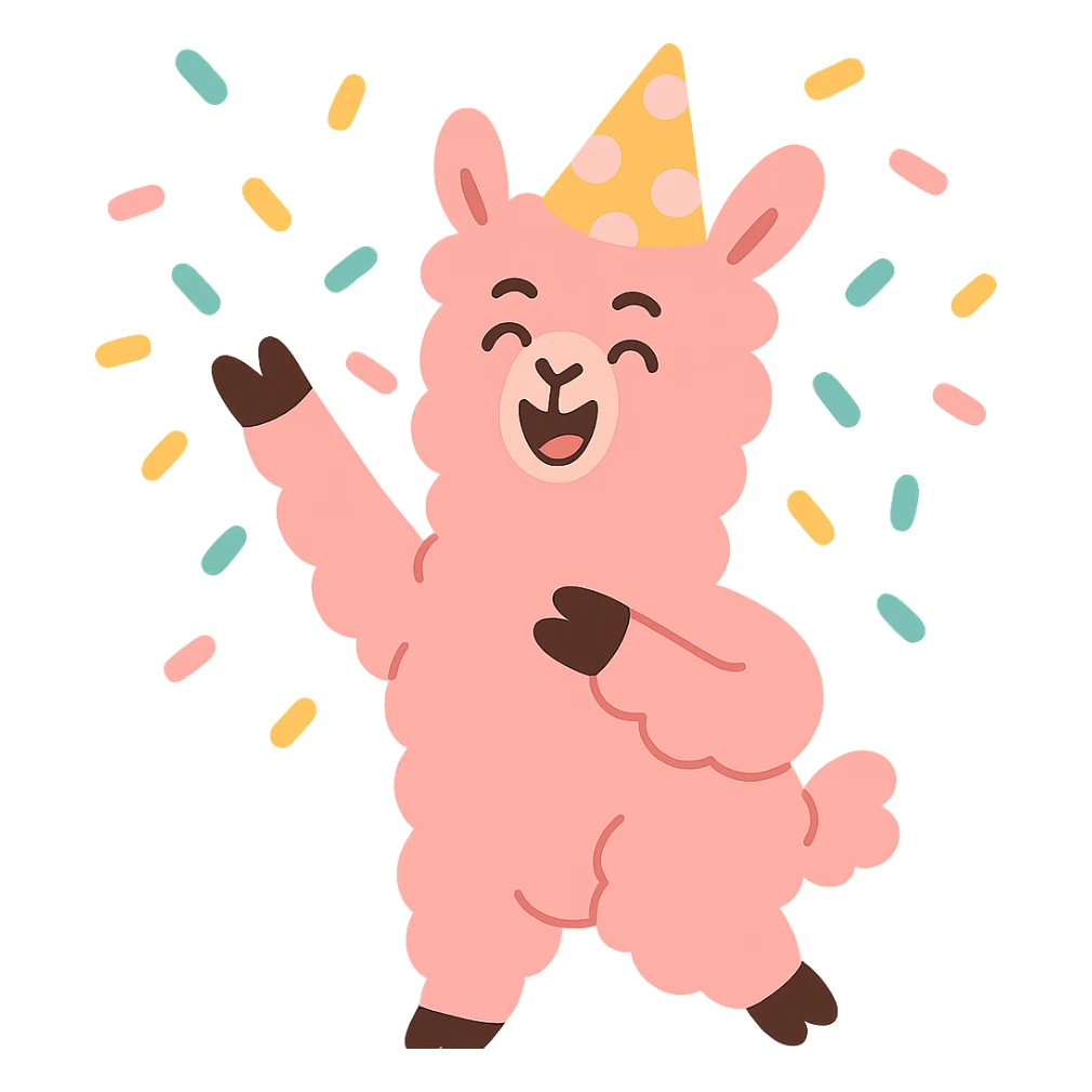 pink alpaca wearing a polka-dot party hat, throwing confetti, pastel-toon style sticker