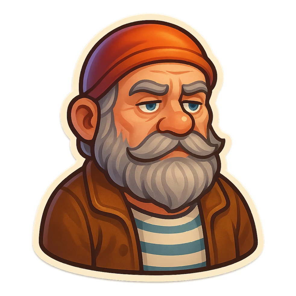 A dwarf with gray hair, a gray mustache, a gray beard, and gray eyebrows. He has blue eyes and wrinkles on his forehead. He is wearing a striped t-shirt and a brown jacket. The dwarf is displaying an idle emotion. sticker