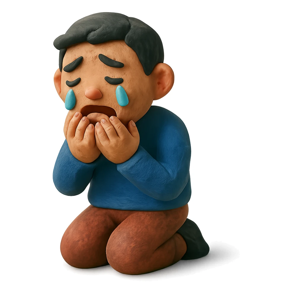 claymation style sad Asian man kneeling, crying sticker