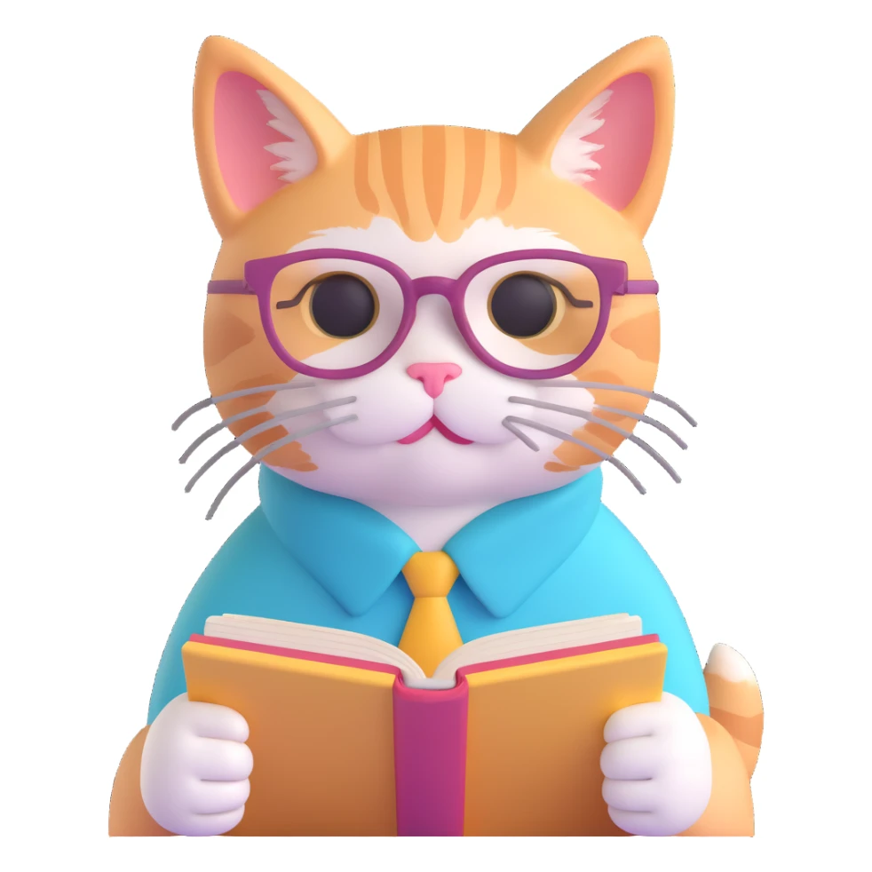 A cat with glasses reading a book, pastel colors, soft lighting, cozy atmosphere sticker