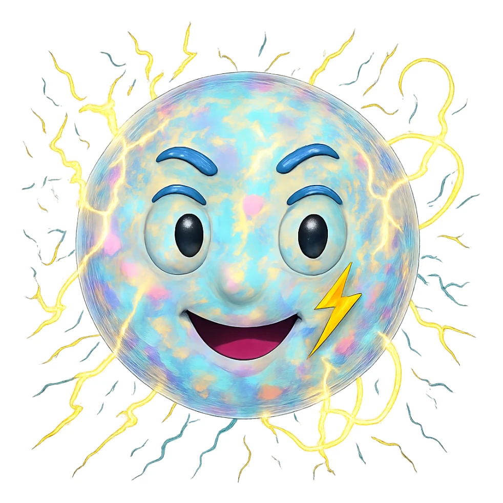 Make the Uranus emoji more eccentric with an opal-like iridescent texture. Add wild, electric, chaotic energy and a playful, unconventional face. Keep the background transparent. sticker