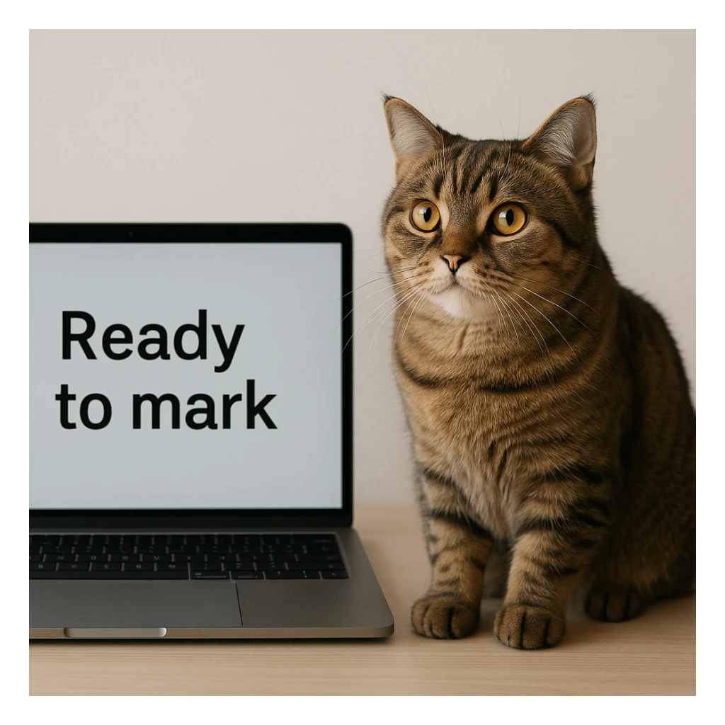 A cat sitting next to a computer with the inscription 'Ready to mark' sticker