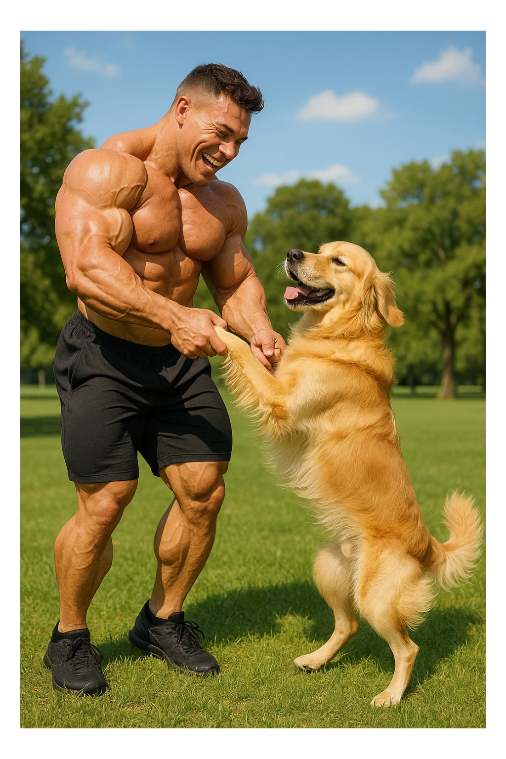 Bodybuilder che balla con un golden retriever sticker