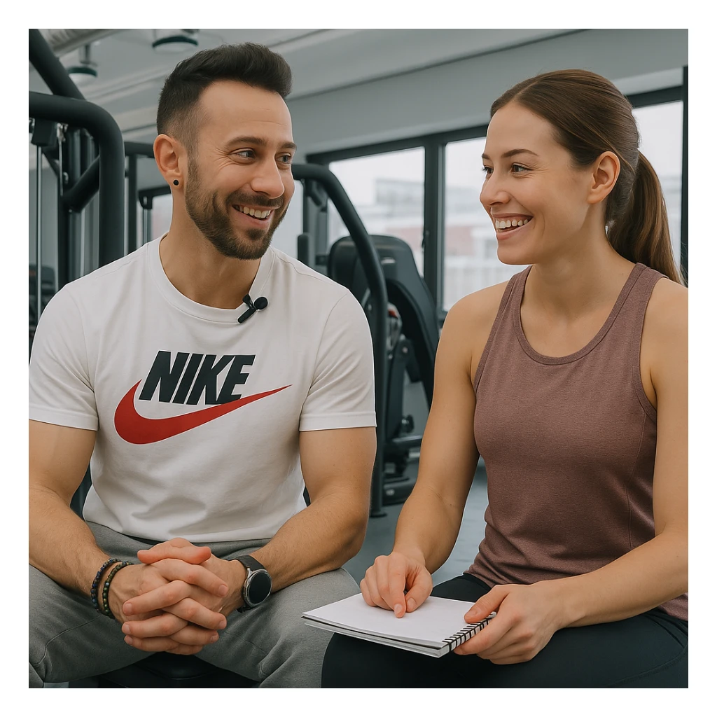 Personal trainer in a gym, inspired by the person in the reference photo, discussing a workout plan with a smiling client, in a positive atmosphere. sticker