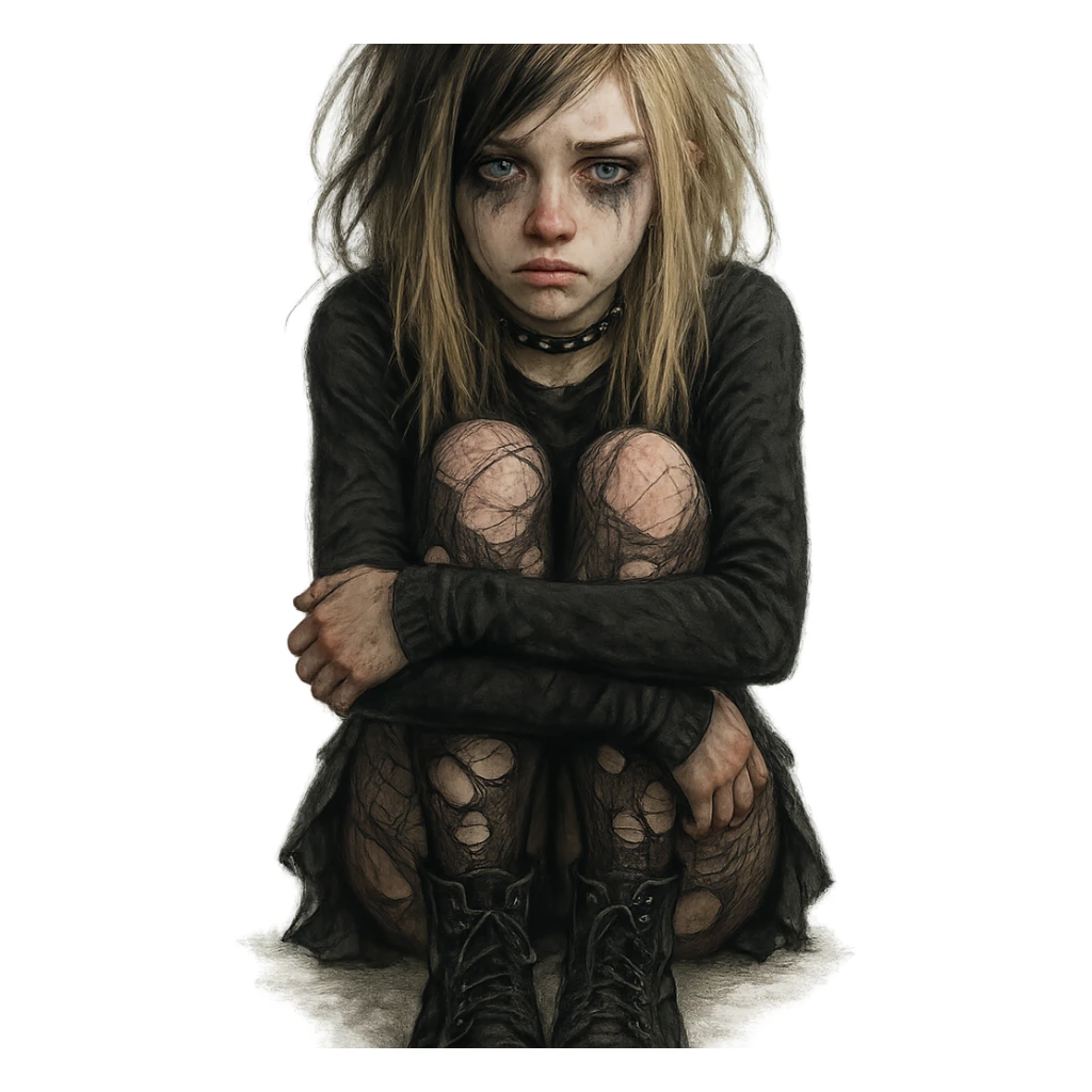 depressives Emo Mädchen, blond, blaue Augen, mit zerrissener Strumpfhose, Emo-Stil, detailed, expressive, digital art sticker