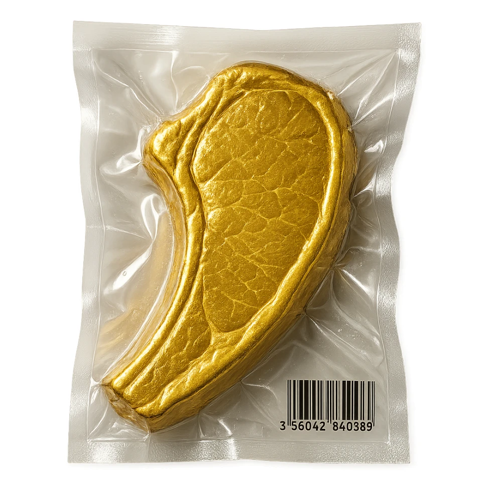 golden steak, glossy and puffy, vacuum-sealed style sticker