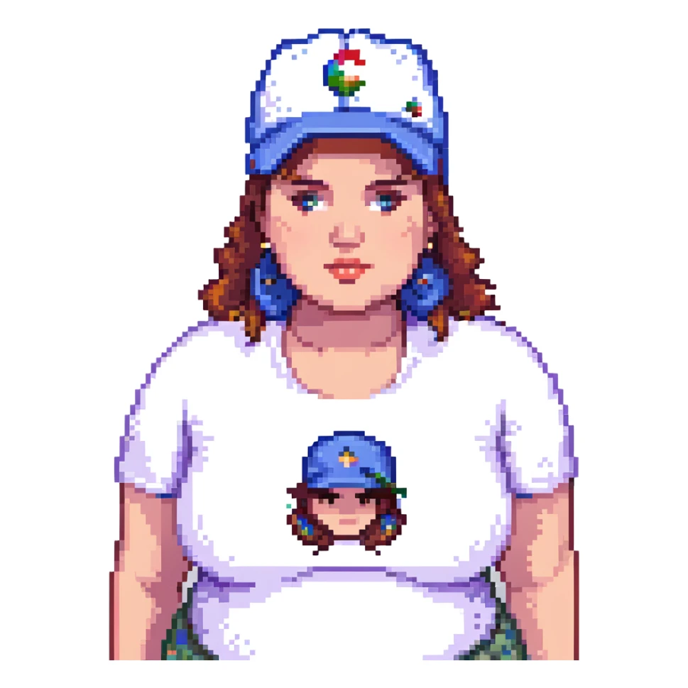 A plus-size woman with a cap that says "Komarova" in a pixel art style. sticker