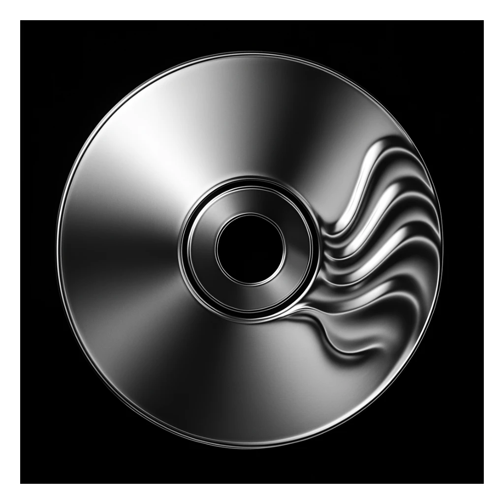 A minimalist CD disc with wave pattern, glowing effect, pink color, chrome style, blue color sticker