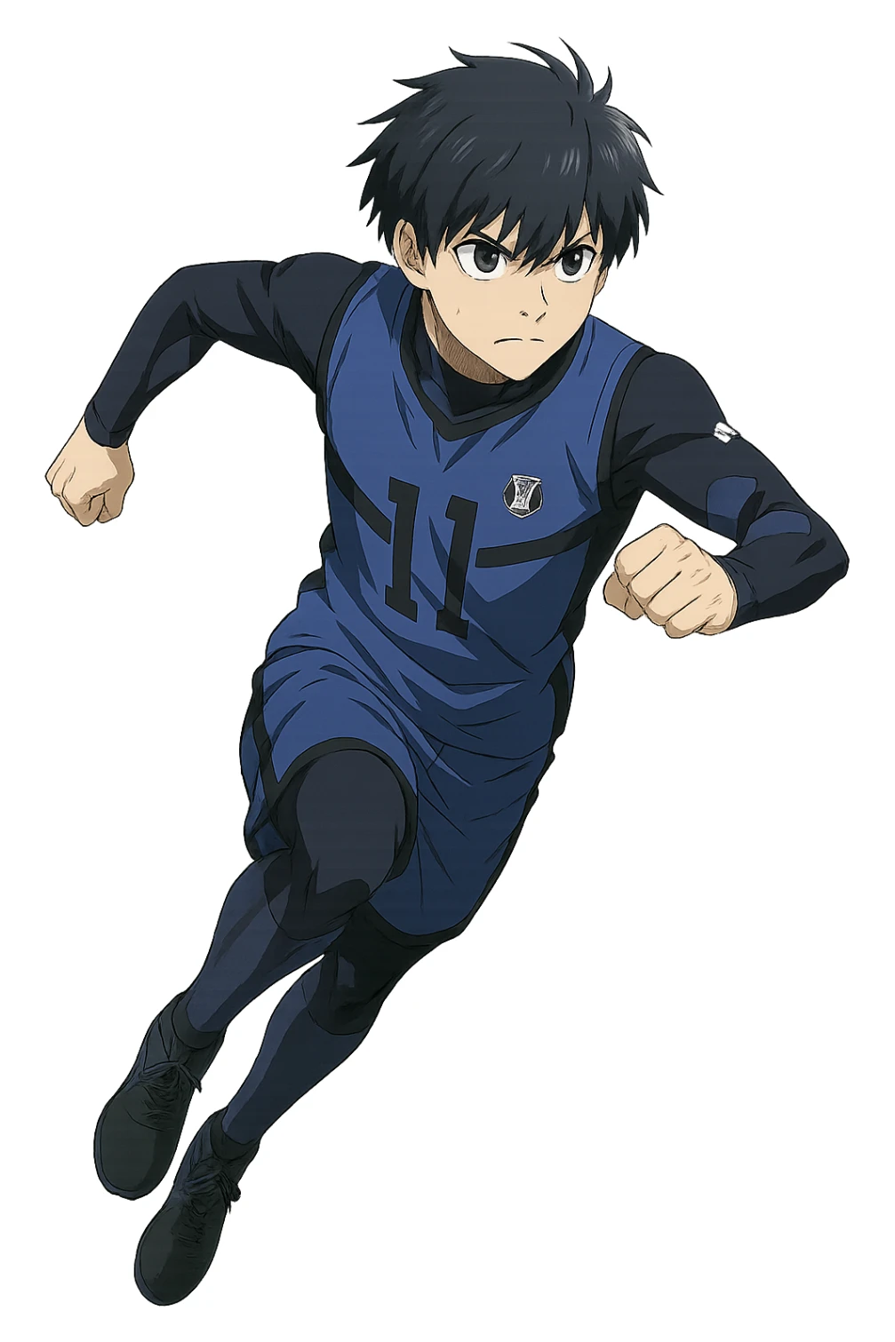 Yoichi Isagi from Blue Lock, anime style, blue hair, determined expression, soccer uniform, dynamic pose, no background sticker