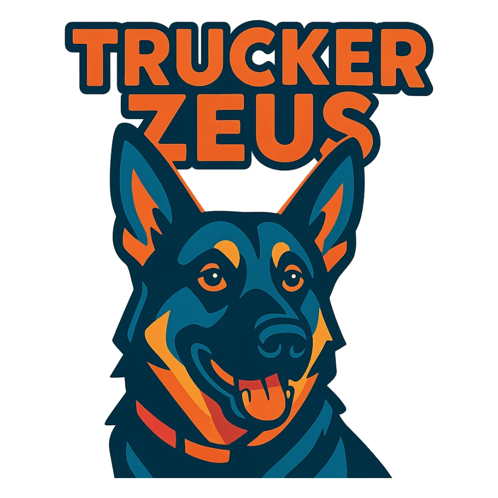 dark German Shepherd with 'Trucker Zeus' over top, vibrant cartoon style, text integrated sticker