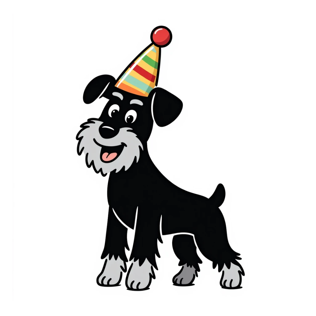 A schnauzer dog wearing a colorful birthday hat sticker