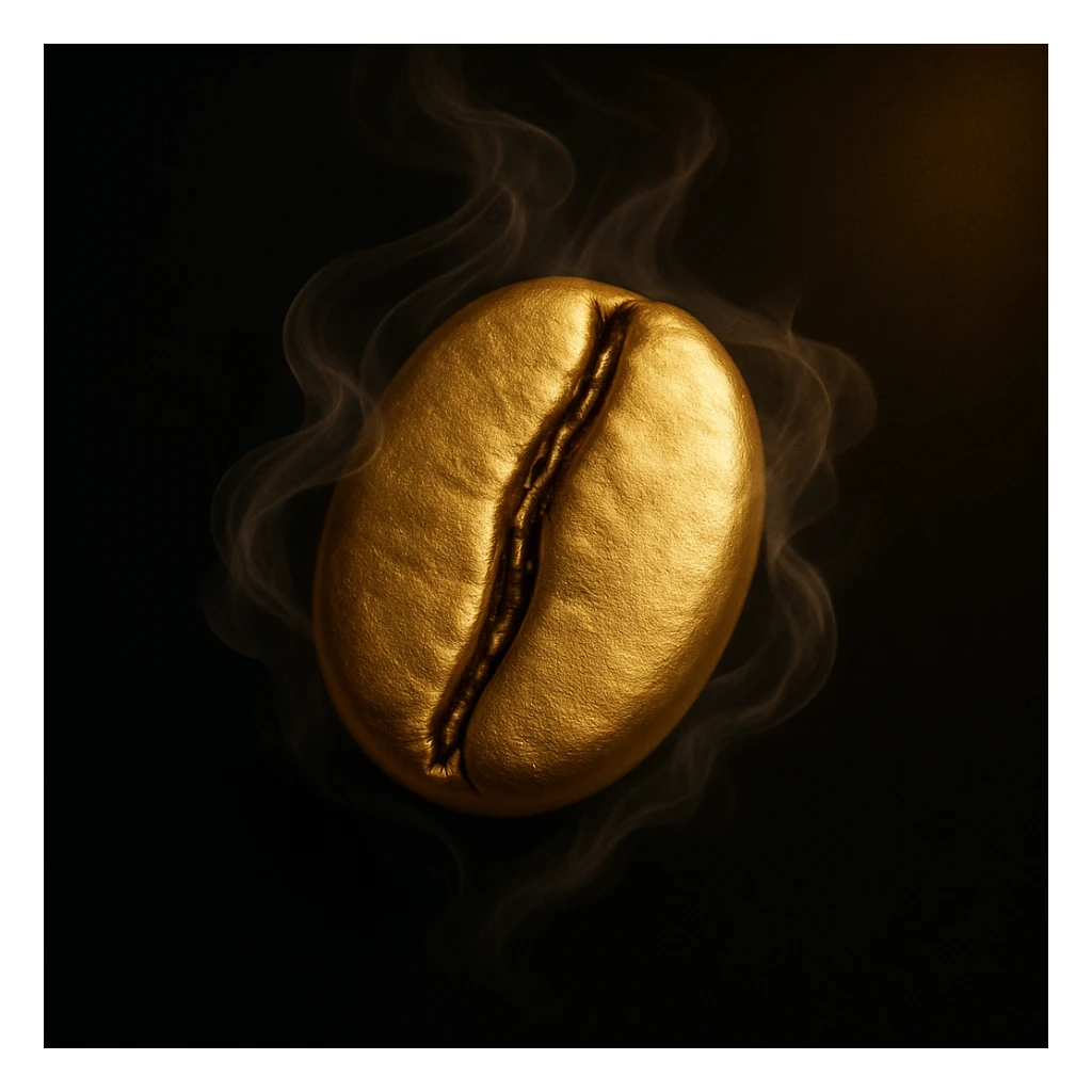 a single golden coffee bean, highly detailed and realistic, clean minimalist luxurious elegant style, bean wrapped in soft swirling mist evoking warmth and aroma of freshly brewed coffee, highest resolution, suitable for logo and branding, inspired by reference image, black background with soft golden glow in corners, transparent edges sticker