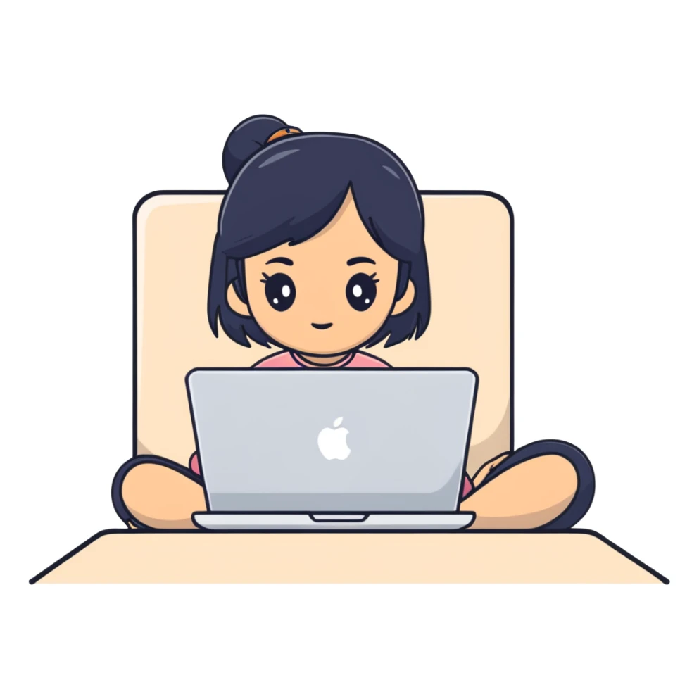 Asian girl with black hair sitting and watching a MacBook laptop sticker