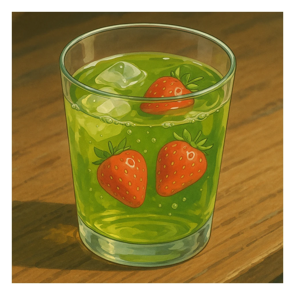 realistic glass of green tea with strawberries in ghibli style sticker