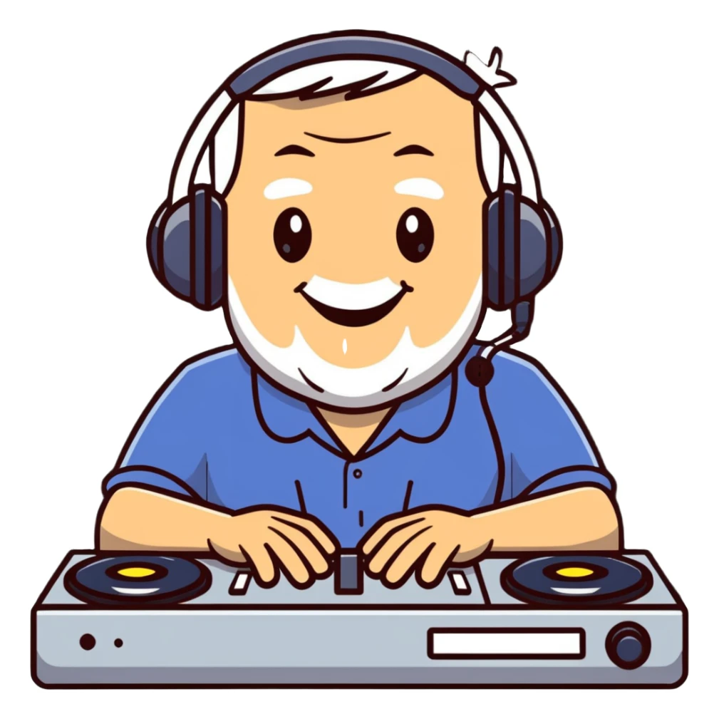 senior Caucasian male, smiling, using an audio console sticker