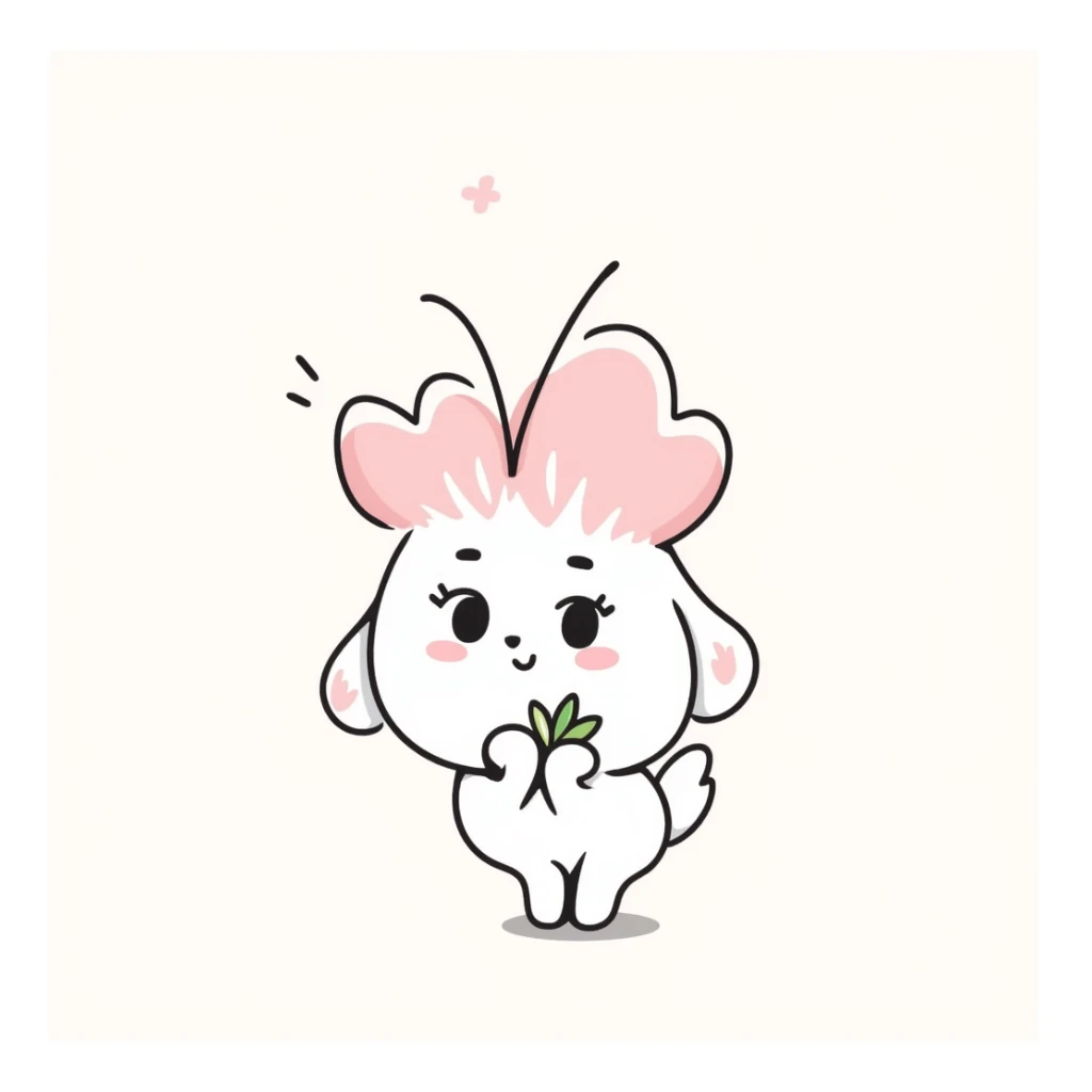 soft pastel Japanese hand-drawn chibi style sakura blossom, full-body, clean lines, holding a tiny leaf sticker